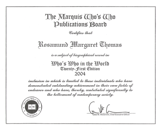 Dr Rosamund Thomas Who's Who Certificate
